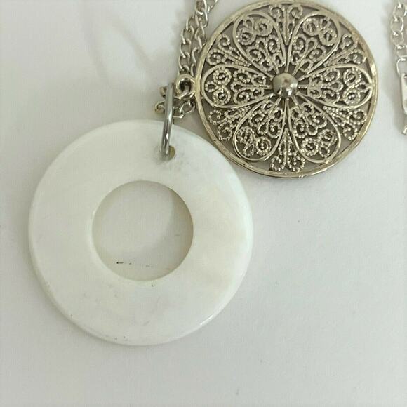Silver Tone Necklace Filigree Floral Round Disk over White Enamel Disk - Picture 3 of 6